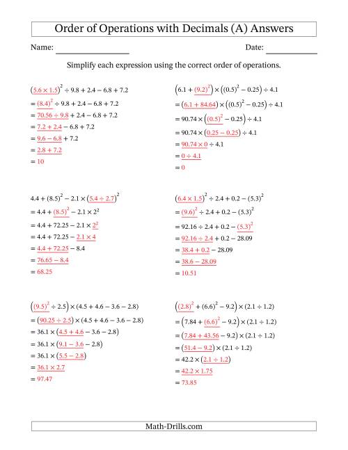 The Order of Operations with Positive Decimals (Six Steps) (A) Math Worksheet Page 2