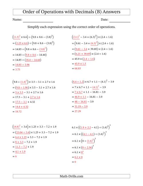 The Order of Operations with Positive Decimals (Six Steps) (B) Math Worksheet Page 2