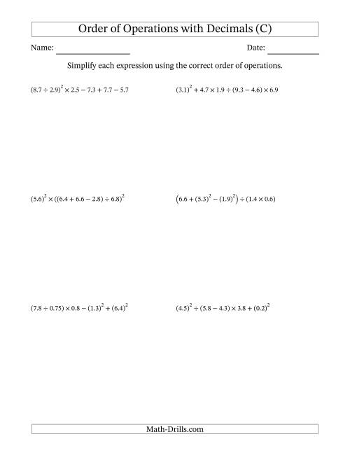 The Order of Operations with Positive Decimals (Six Steps) (C) Math Worksheet