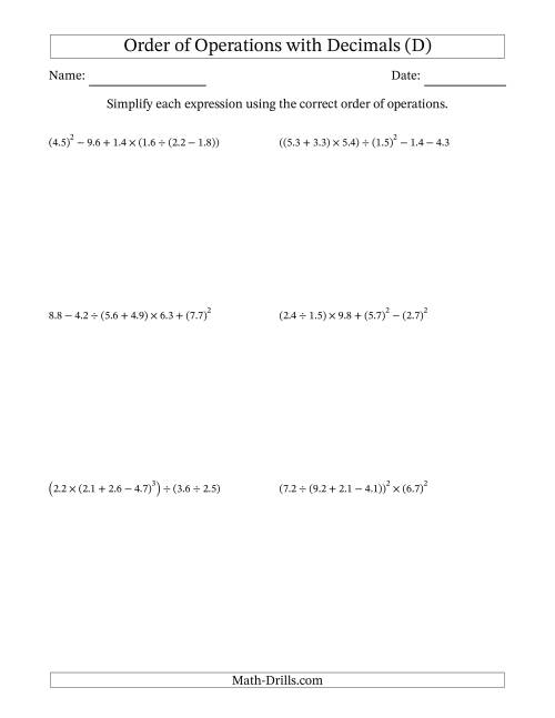 The Order of Operations with Positive Decimals (Six Steps) (D) Math Worksheet