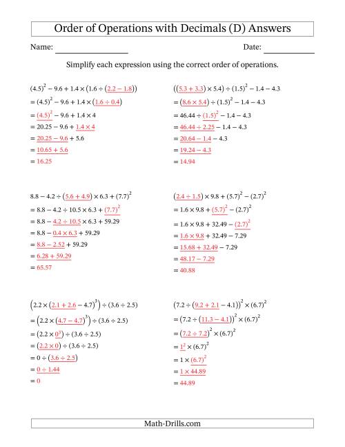 The Order of Operations with Positive Decimals (Six Steps) (D) Math Worksheet Page 2