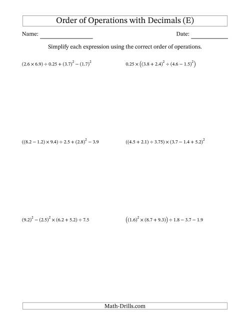 The Order of Operations with Positive Decimals (Six Steps) (E) Math Worksheet