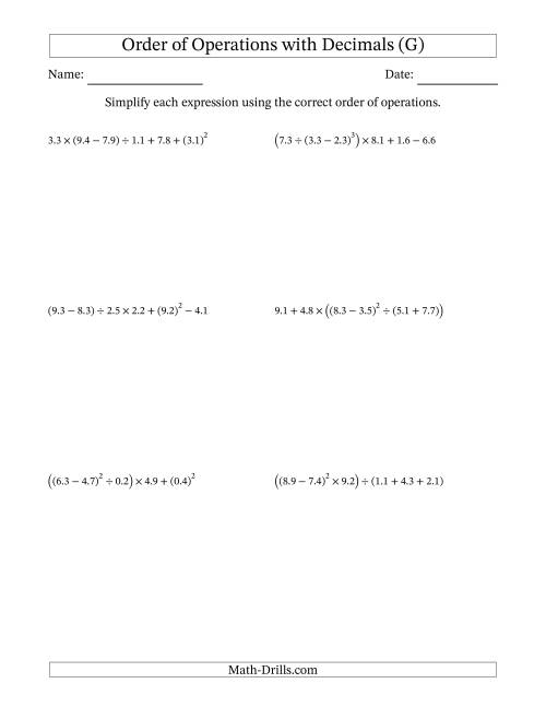 The Order of Operations with Positive Decimals (Six Steps) (G) Math Worksheet