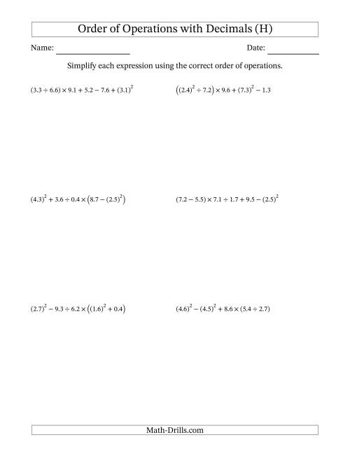 The Order of Operations with Positive Decimals (Six Steps) (H) Math Worksheet