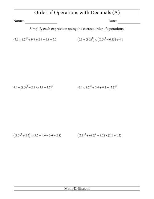 The Order of Operations with Positive Decimals (Six Steps) (All) Math Worksheet