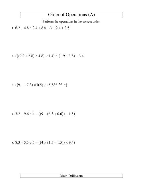 The Decimals Order of Operations -- Six Steps (Old) Math Worksheet