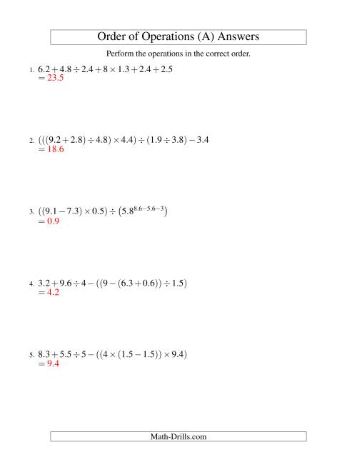 The Decimals Order of Operations -- Six Steps (Old) Math Worksheet Page 2