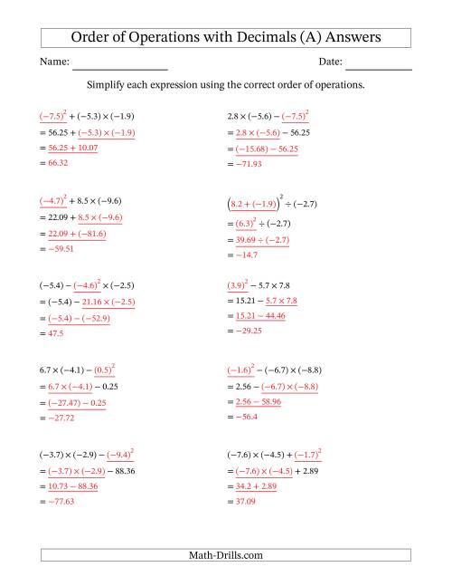 The Order of Operations with Negative and Positive Decimals (Three Steps) (A) Math Worksheet Page 2