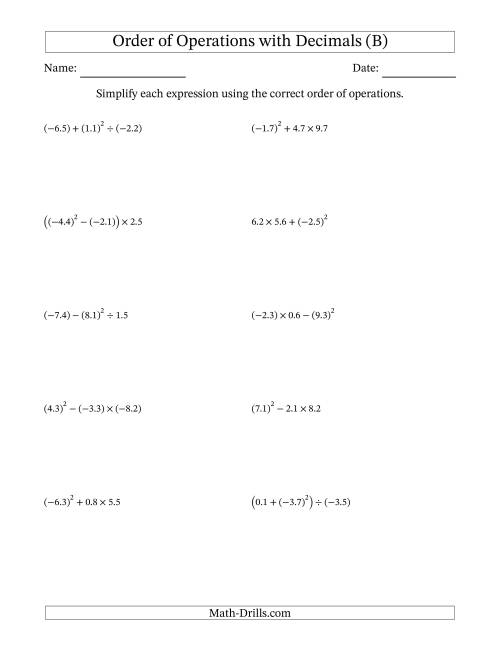 The Order of Operations with Negative and Positive Decimals (Three Steps) (B) Math Worksheet