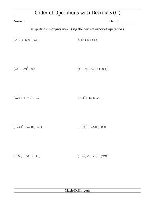 The Order of Operations with Negative and Positive Decimals (Three Steps) (C) Math Worksheet