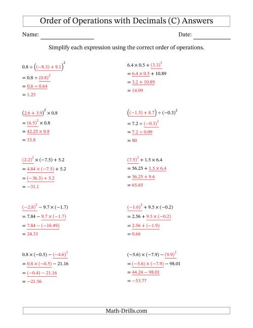 The Order of Operations with Negative and Positive Decimals (Three Steps) (C) Math Worksheet Page 2