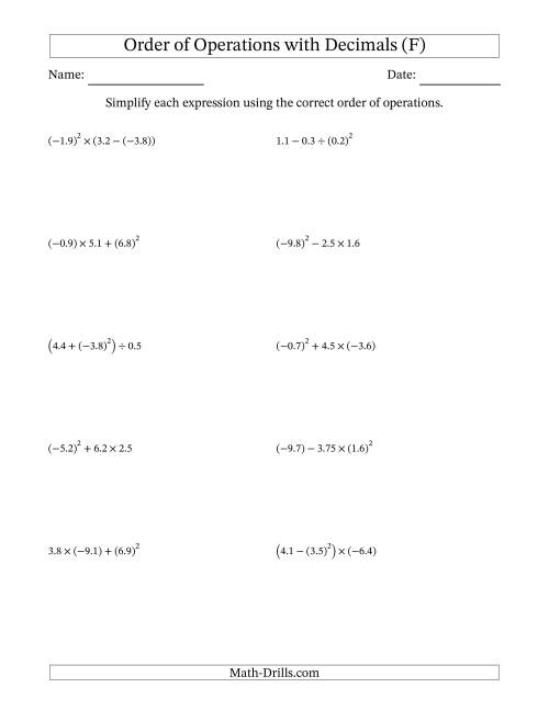 The Order of Operations with Negative and Positive Decimals (Three Steps) (F) Math Worksheet