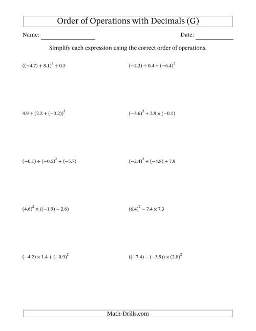 The Order of Operations with Negative and Positive Decimals (Three Steps) (G) Math Worksheet