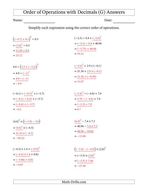 The Order of Operations with Negative and Positive Decimals (Three Steps) (G) Math Worksheet Page 2
