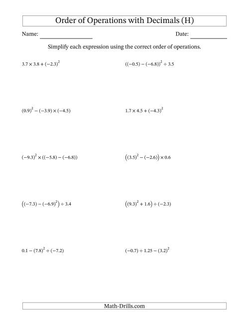 The Order of Operations with Negative and Positive Decimals (Three Steps) (H) Math Worksheet