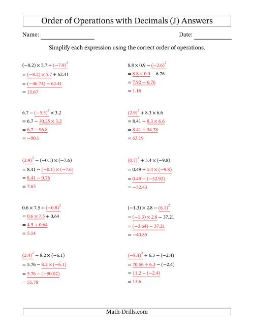 The Order of Operations with Negative and Positive Decimals (Three Steps) (J) Math Worksheet Page 2