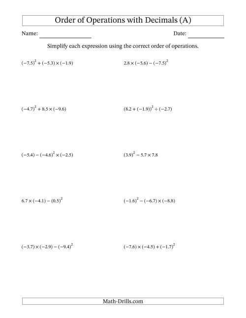 The Order of Operations with Negative and Positive Decimals (Three Steps) (All) Math Worksheet
