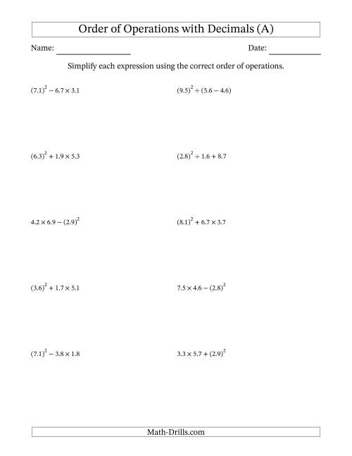 The Order of Operations with Positive Decimals (Three Steps) (A) Math Worksheet