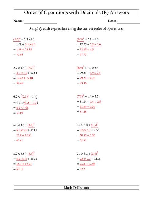 The Order of Operations with Positive Decimals (Three Steps) (B) Math Worksheet Page 2