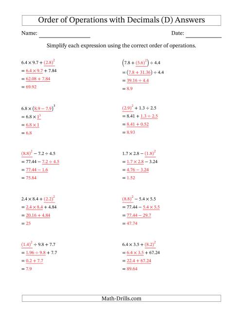The Order of Operations with Positive Decimals (Three Steps) (D) Math Worksheet Page 2
