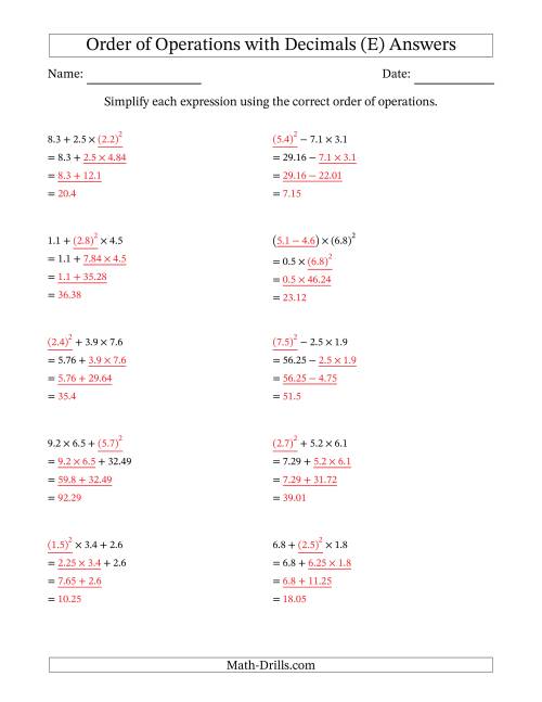 The Order of Operations with Positive Decimals (Three Steps) (E) Math Worksheet Page 2