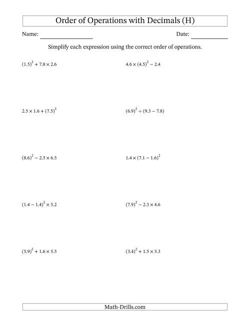 The Order of Operations with Positive Decimals (Three Steps) (H) Math Worksheet
