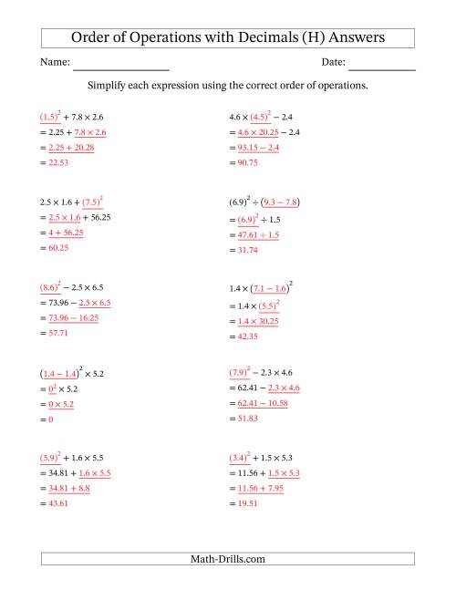 The Order of Operations with Positive Decimals (Three Steps) (H) Math Worksheet Page 2