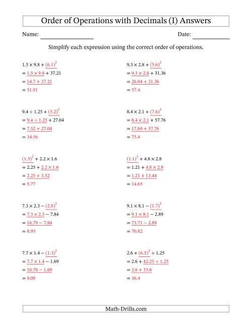 The Order of Operations with Positive Decimals (Three Steps) (I) Math Worksheet Page 2