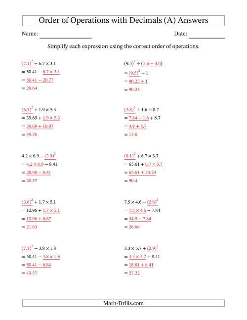 The Order of Operations with Positive Decimals (Three Steps) (All) Math Worksheet Page 2
