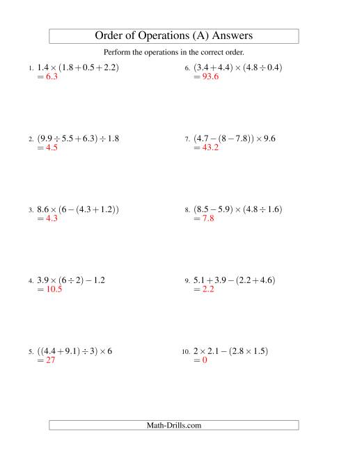 The Decimals Order of Operations -- Three Steps (Old) Math Worksheet Page 2