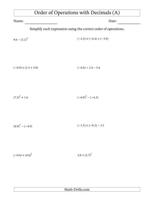 The Order of Operations with Negative and Positive Decimals (Two Steps) (A) Math Worksheet