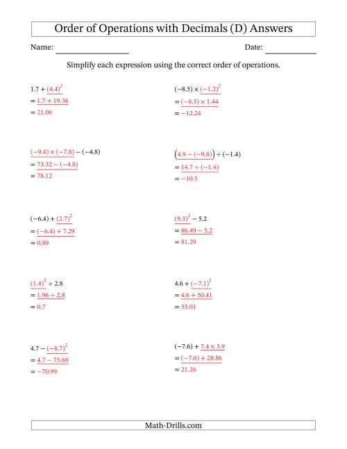 The Order of Operations with Negative and Positive Decimals (Two Steps) (D) Math Worksheet Page 2