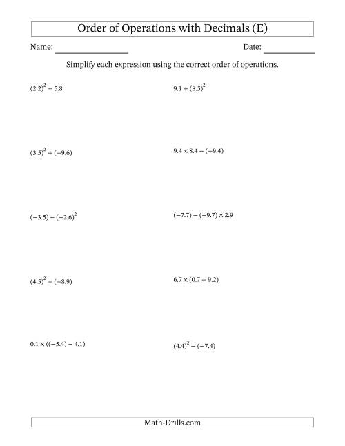 The Order of Operations with Negative and Positive Decimals (Two Steps) (E) Math Worksheet
