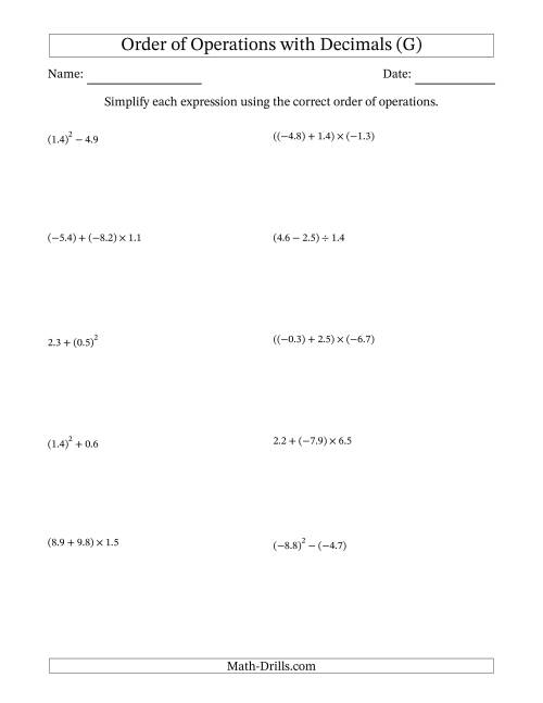 The Order of Operations with Negative and Positive Decimals (Two Steps) (G) Math Worksheet