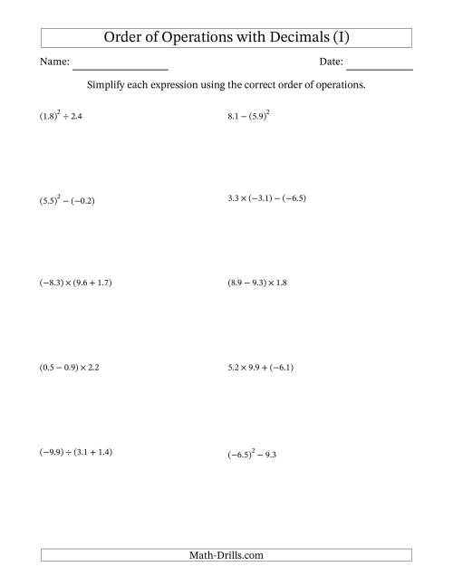The Order of Operations with Negative and Positive Decimals (Two Steps) (I) Math Worksheet