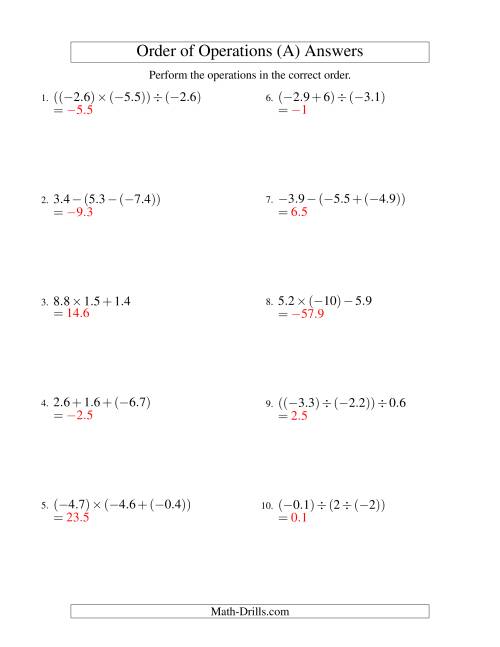 The Decimals Order of Operations -- Two Steps Including Negative Decimals (Old) Math Worksheet Page 2