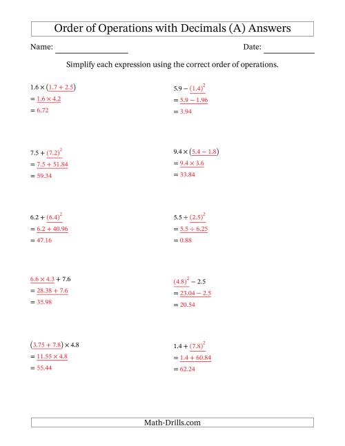 The Order of Operations with Positive Decimals (Two Steps) (A) Math Worksheet Page 2