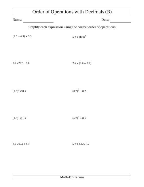 The Order of Operations with Positive Decimals (Two Steps) (B) Math Worksheet