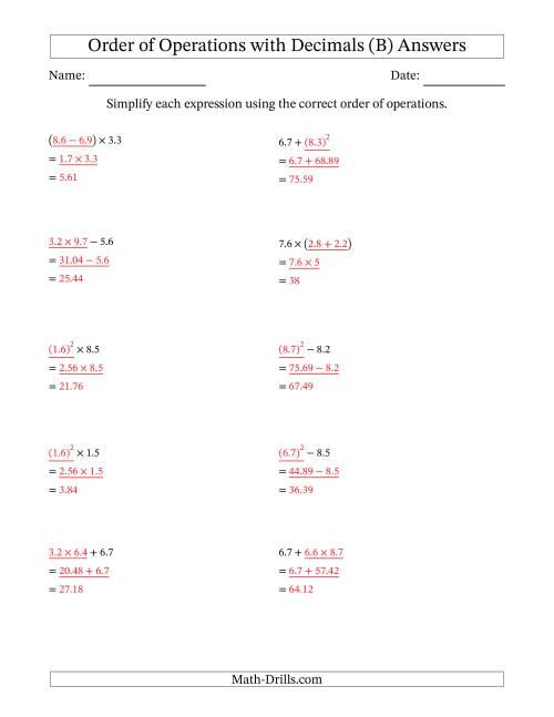 The Order of Operations with Positive Decimals (Two Steps) (B) Math Worksheet Page 2