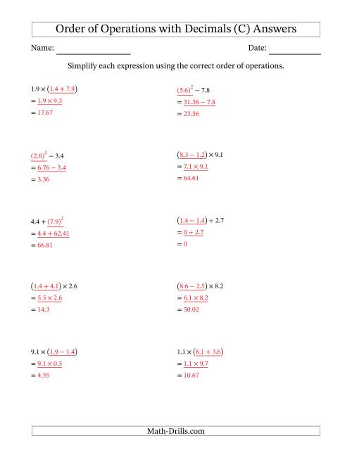The Order of Operations with Positive Decimals (Two Steps) (C) Math Worksheet Page 2