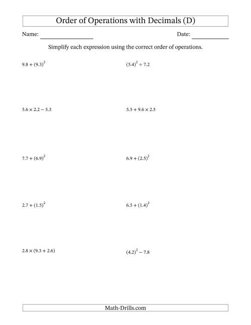 The Order of Operations with Positive Decimals (Two Steps) (D) Math Worksheet