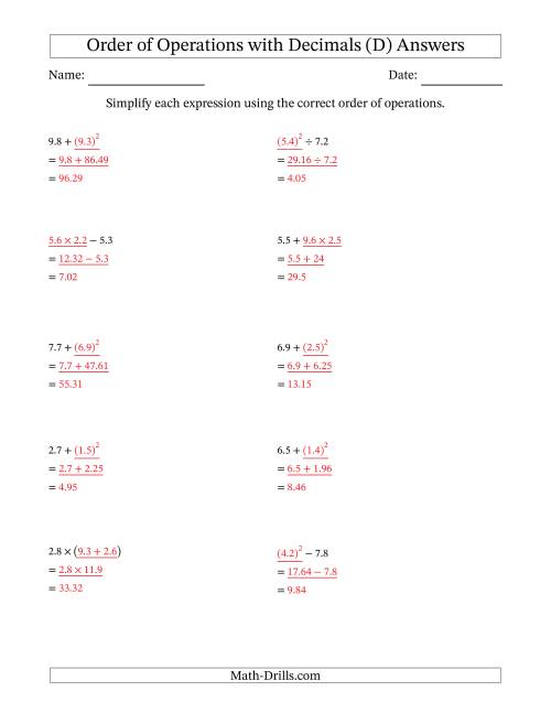 The Order of Operations with Positive Decimals (Two Steps) (D) Math Worksheet Page 2