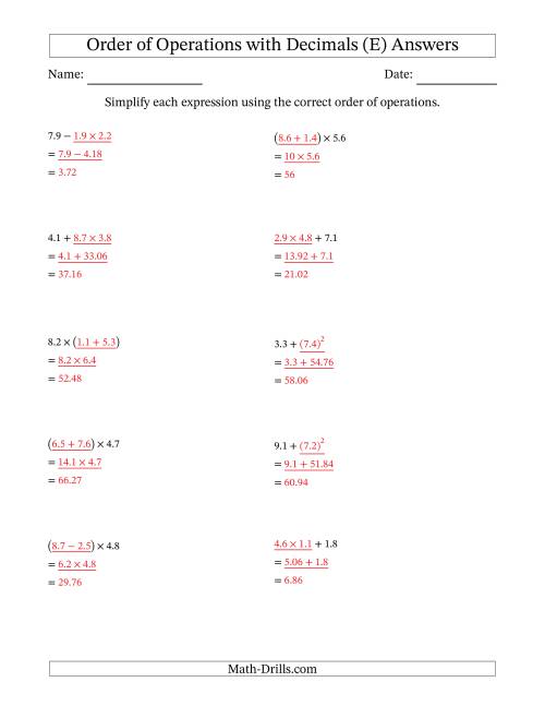 The Order of Operations with Positive Decimals (Two Steps) (E) Math Worksheet Page 2