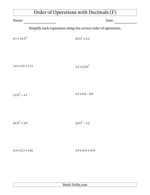 The Order of Operations with Positive Decimals (Two Steps) (F) Math Worksheet