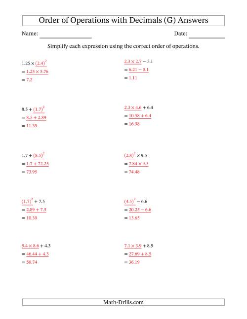 The Order of Operations with Positive Decimals (Two Steps) (G) Math Worksheet Page 2