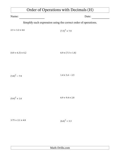The Order of Operations with Positive Decimals (Two Steps) (H) Math Worksheet
