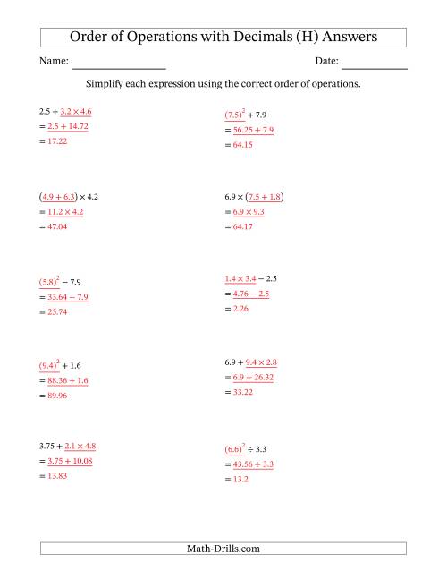 The Order of Operations with Positive Decimals (Two Steps) (H) Math Worksheet Page 2