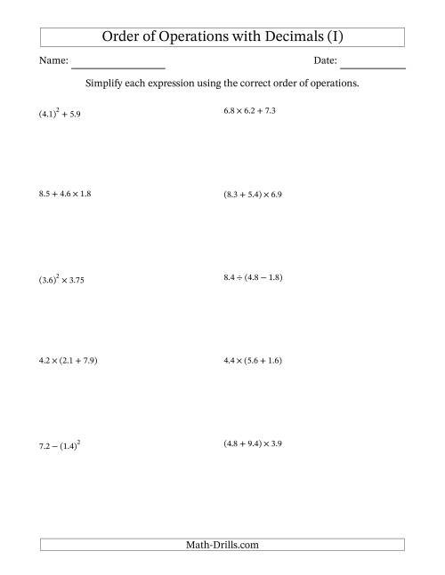 The Order of Operations with Positive Decimals (Two Steps) (I) Math Worksheet