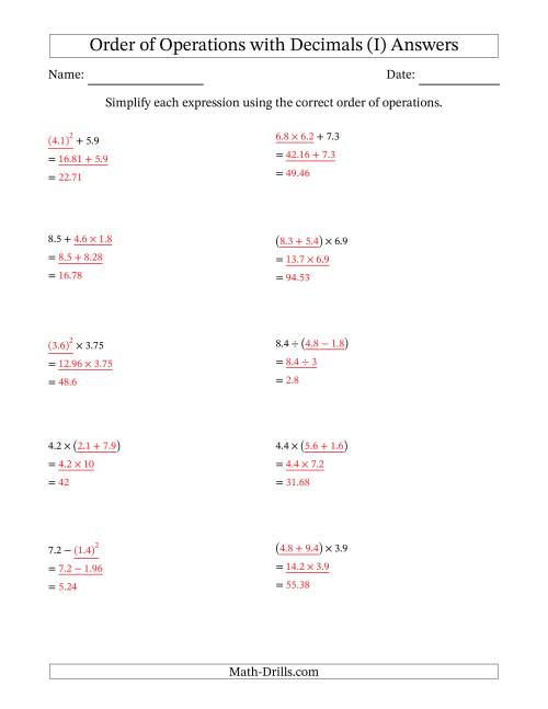 The Order of Operations with Positive Decimals (Two Steps) (I) Math Worksheet Page 2