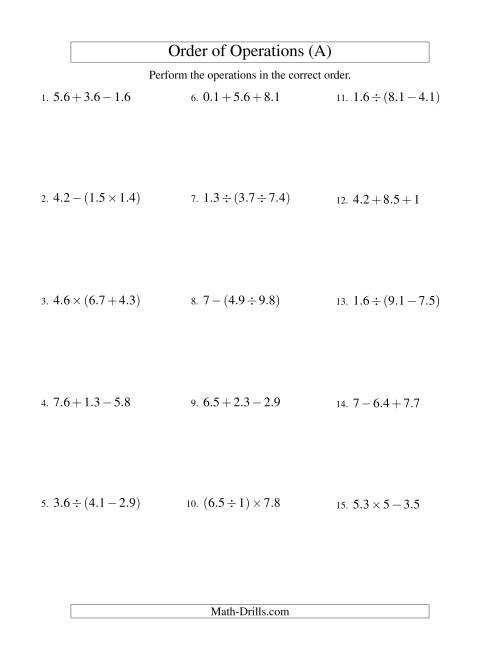 The Decimals Order of Operations -- Two Steps (Old) Math Worksheet